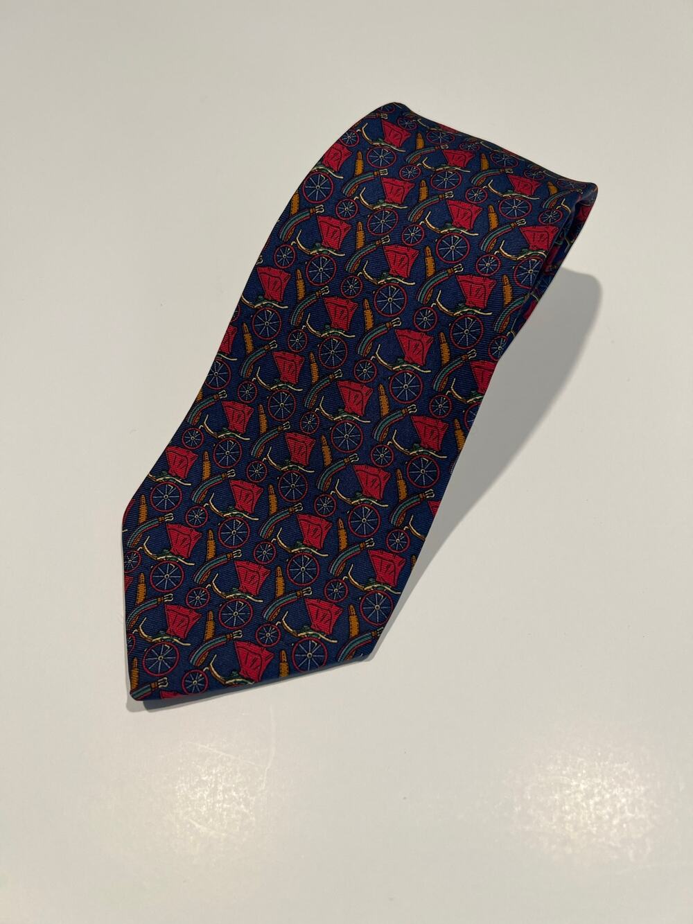 Brooks Brothers Silk Necktie Made in USA Navy Blue with Red and Gold Print JL